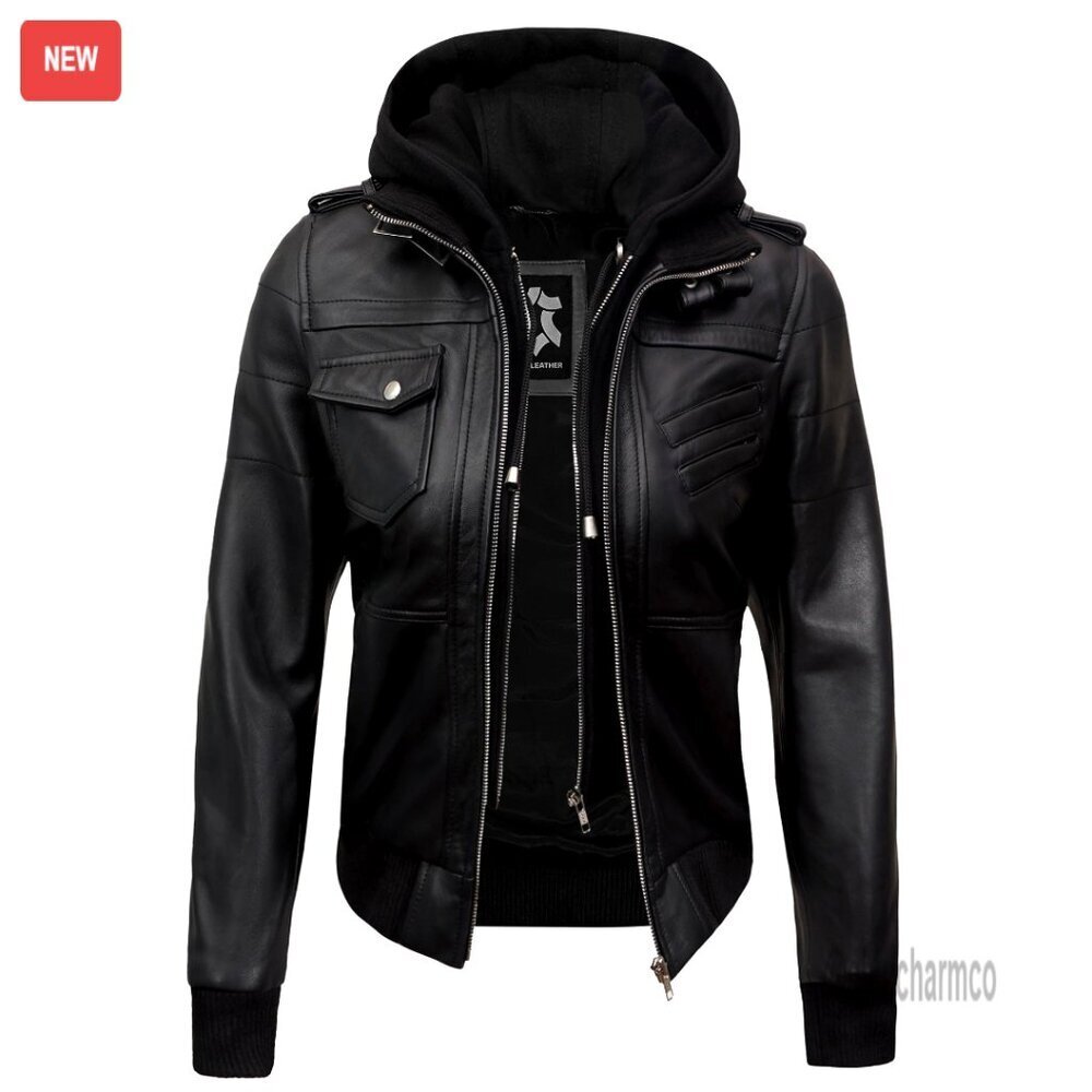 Lambskin Leather Jacket with Removable Hood Chic Moto Style Bomber